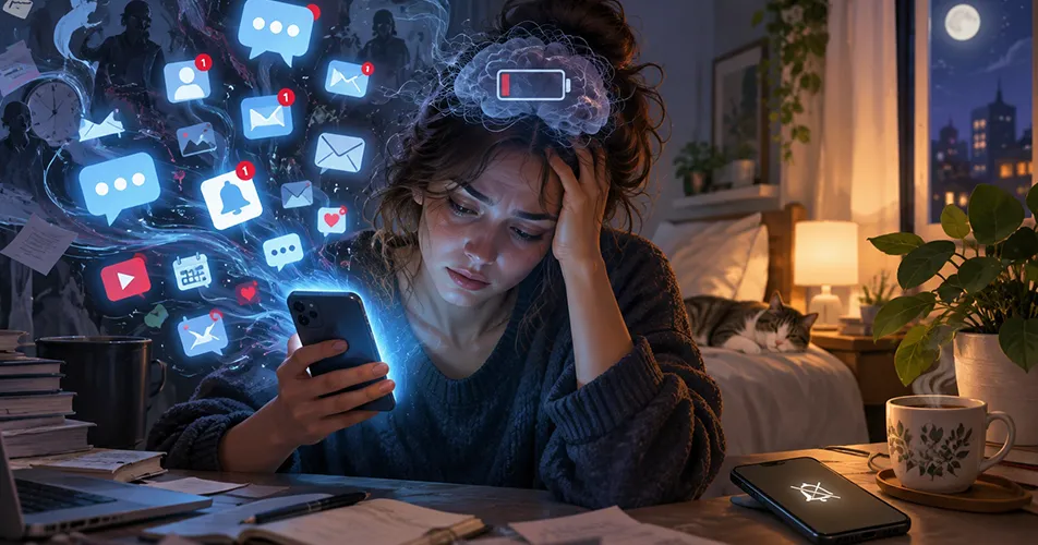 Person hunched over a glowing smartphone with notification icons swirling around them, illustrating anxiety from always-on culture